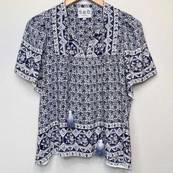 Sea NY Mosaic Patchwork Tile Geo Floral Print Ombré Tassel Silk Boho Blouse Top - Picture 2 of 11